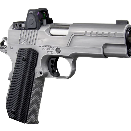 Ed Brown FX2SS FX2  45 ACP 7+1 4.25" Recessed Crown Barrel, Stainless Steel Engraved American Flag/Serrated Slide, Stainless Steel Frame, Trijicon RMRcc 3.25 MOA Sight