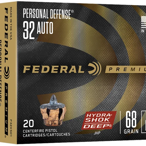 Federal P32HSD1 Hydra-Shok Deep Personal Defense 32ACP 68gr Jacketed Hollow Point 20 Per Box/10 Case