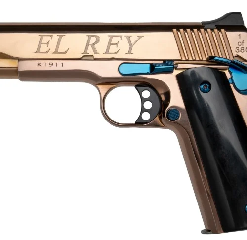 KIMBER 1911 EL REY 38SUP 9RD 5IN BARREL ENGRAVED ROSE GOLD BLUE ACCENTS BLACK GRIPS 10231