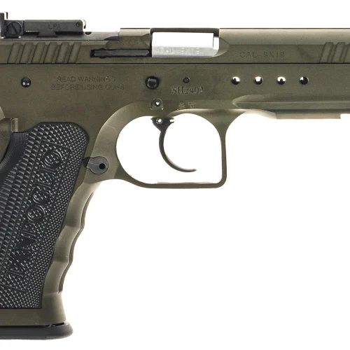 Tanfoglio  Defiant Tactical Pro 9mm Luger 20+1 4.50" Stainless Threaded Barrel, Green Steel Optic Ready/Ported/Serrated Slide, Green Steel Frame w/Beavertail & Picatinny Rail, Black Polymer Grip