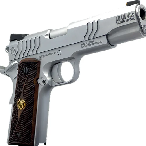 Dickinson LLC DCKSN45S 1911 Adam S Full Size Frame SAO 45 ACP 7+1 5" Stainless Button Rifled Barrel, Stainless Steel S Serrations Slide, Stainless Steel Frame, Wood Grip