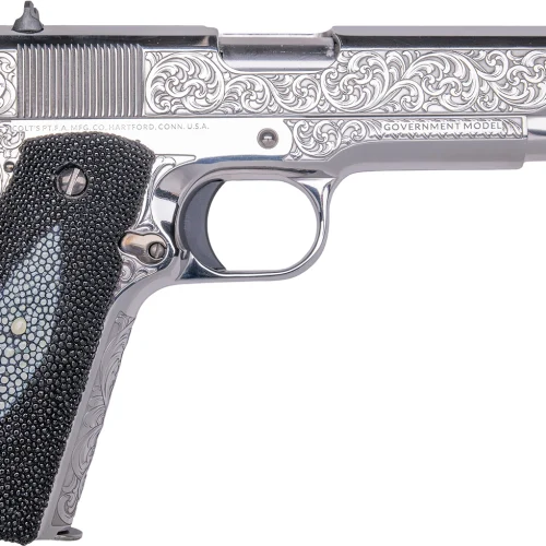 Cnc Firearms CNCTUX38 Colt 1911 Tuxedo 38 Super 9+1 5" Stainless Steel Barrel, High Polished w/Black DLC Engraving Stainless Steel Serrated Slide & Frame, Stingray Grip