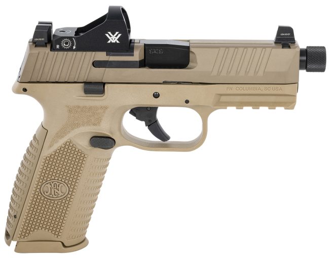FN 66100845 509 Tactical 9mm Luger 17+1/24+1 4.50" Threaded Barrel, Flat Dark Earth Polymer Frame w/Mounting Rail, Optic Cut FDE Stainless Steel Slide, No Manual Safety, Includes Viper Red Dot