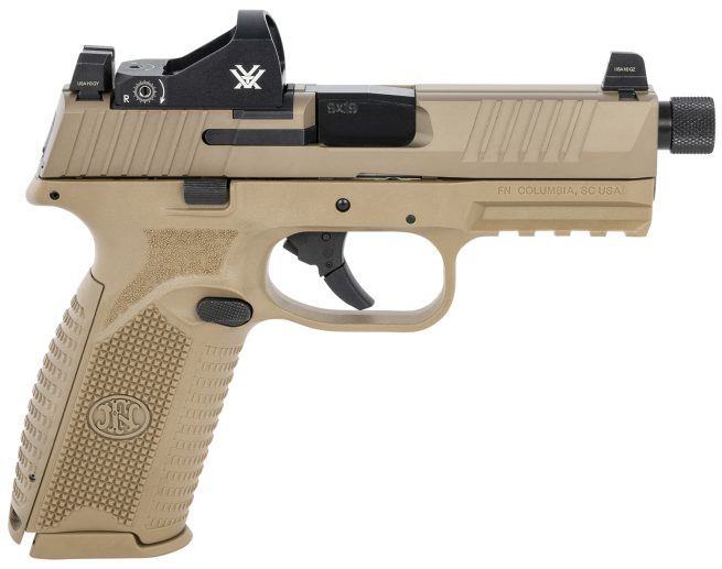 FN 66100847 509 Tactical 9mm Luger 10+1 4.50" Threaded Barrel, Flat Dark Earth Polymer Frame w/Mounting Rail, Optic Cut FDE Stainless Steel Slide,  No Manual Safety, Includes Viper Red Dot
