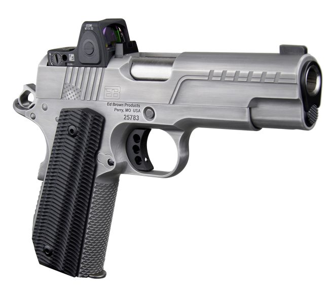 Ed Brown FX2SS FX2  45 ACP 7+1 4.25" Recessed Crown Barrel, Stainless Steel Engraved American Flag/Serrated Slide, Stainless Steel Frame, Trijicon RMRcc 3.25 MOA Sight