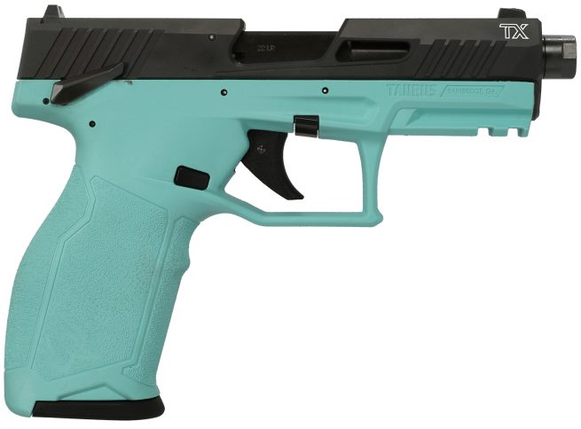 Taurus 1-2TX22141C 2TX  Full Size Frame 22 LR 22+1 4.60" Matte Black Threaded Barrel, Black Anodized Serrated Slide, Cyan Polymer Frame w/Picatinny Rail, Textured Grip