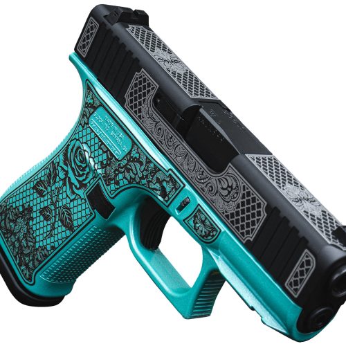 Glock UX4350204FRGLTB G43X  Sub-Compact Frame 9mm 10+1 3.41" Black GMB Barrel Black w/White Scroll Cerakote Serrated Steel Slide, Tiffany Blue Lace w/Rose Cerakote Polymer Frame & Grip