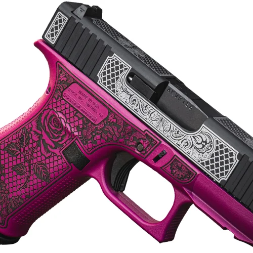 Glock UX4350204FRNGLBC G43X  Sub-Compact Frame 9mm 10+1 3.41" Black GMB Barrel, Black w/White Scroll Cerakote Serrated Steel Slide, Black Cherry Lace w/Rose Cerakote Polymer Frame & Grip