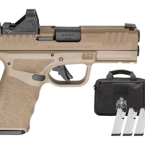 Springfield Armory HCP9379FOSP15PAC Hellcat Pro OSP 9mm Luger 15+1 3.70" Black Melonite Barrel, FDE Cerakote Steel Optic Ready/Serrated Slide & Polymer Frame w/Picatinny Rail, Adaptive Texture Grip