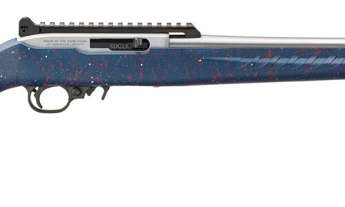 RUGER 10/22 22LR 18.5IN BARREL 10RD SS TB W/FH 250TH YR ANNIV ENG ON RCV BLUE SYN STOCK W/ RED AND WH SPLATTER 32039